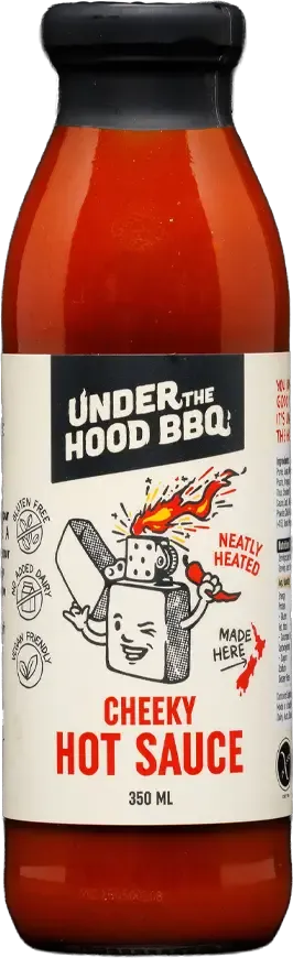Under the Hood BBQ Cheeky Hot Sauce bottle